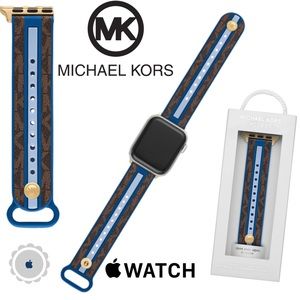 MICHAEL KORS Blue Brown Monogram Logo Rubber 38 40 APPLE Watch Band Strap